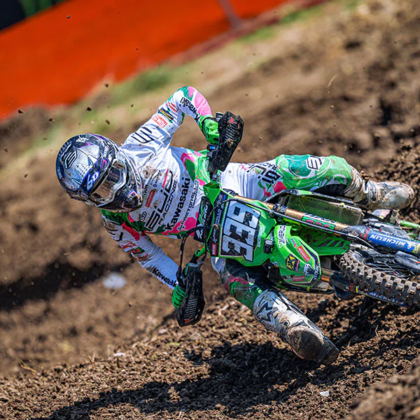 Kawasaki MXGP rider cornering at the Swiss Grand Prix