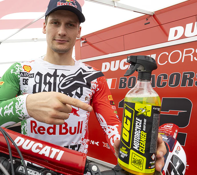 Red Bull Ducati MXGP rider holding OC1 Motorcycle Cleaner