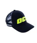 Black OC1 trucker cap with embroidered yellow-green logo, adjustable size, unisex style