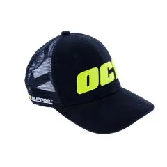 Black OC1 trucker cap with embroidered yellow-green logo, adjustable size, unisex style